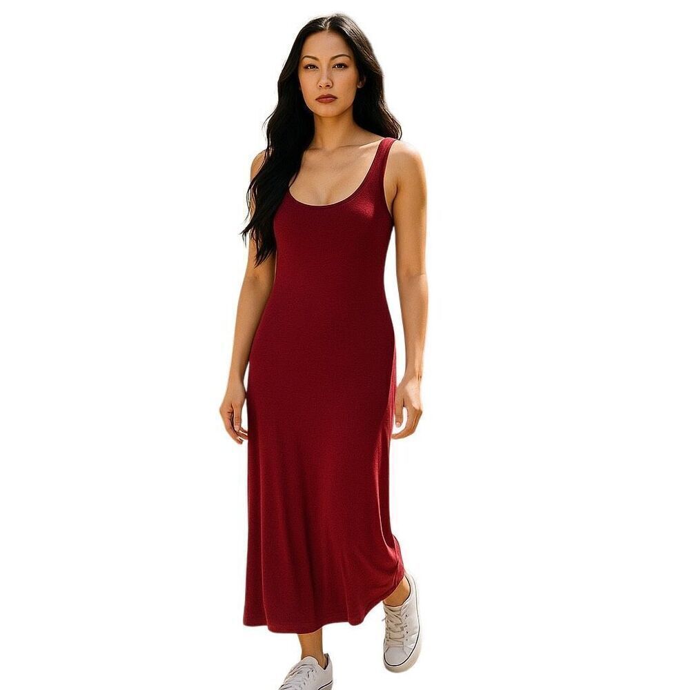 NWT Summer Salt Red Poplin Ribbed Tie Shoulder Modal Blend Maxi Dress Medium